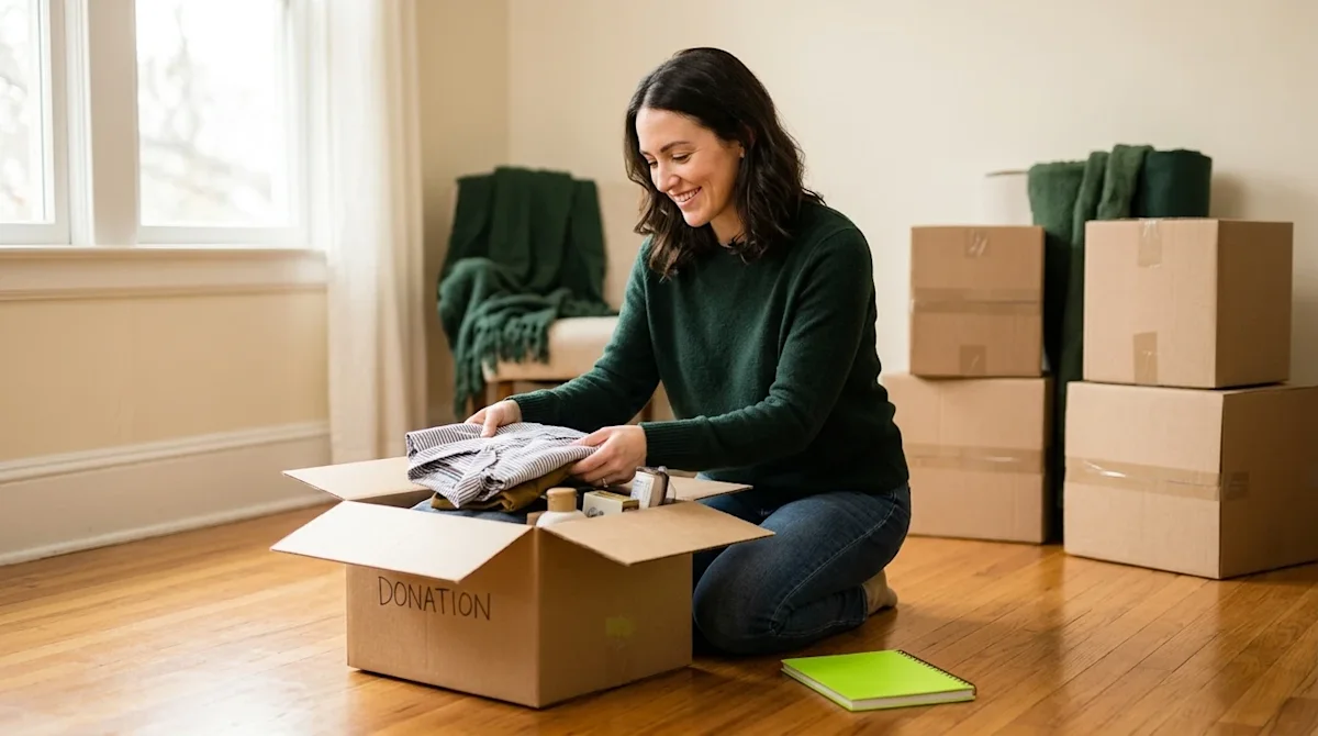 Clear, professional marketing lifestyle photography of a smiling woman in a warmly lit, cream-colored living room, thoughtful