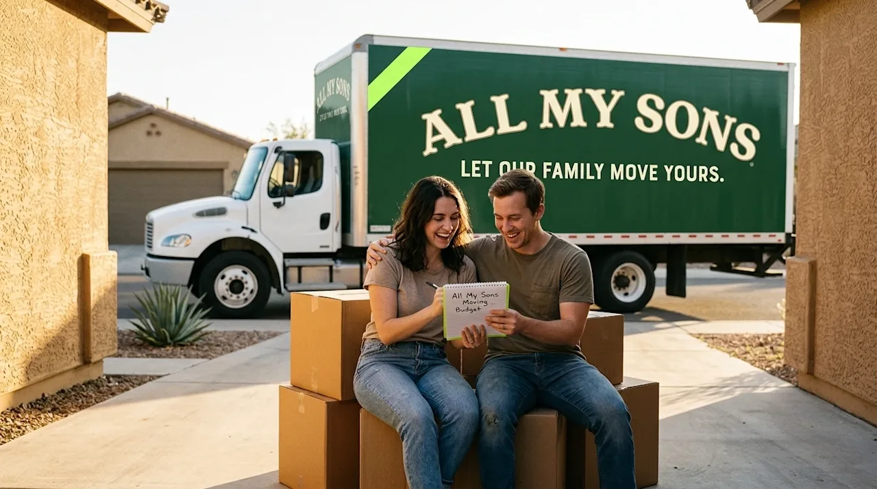 A photorealistic lifestyle photograph of a young, happy couple taking a break from packing, sitting casually on a stack of ca