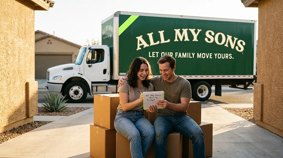 A photorealistic lifestyle photograph of a young, happy couple taking a break from packing, sitting casually on a stack of ca