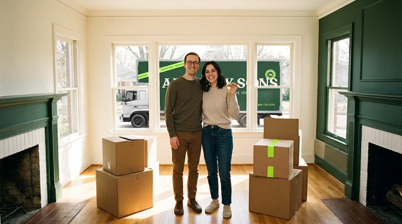 Candid, warm lifestyle photography of a happy young couple standing proudly in the bright, sunlit living room of their newly