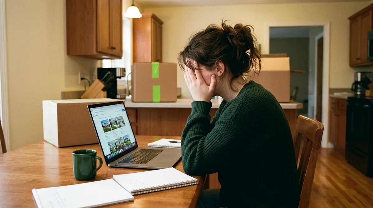 A candid, 35mm film-style documentary photograph of an overwhelmed young adult sitting at a warm wooden kitchen table, restin