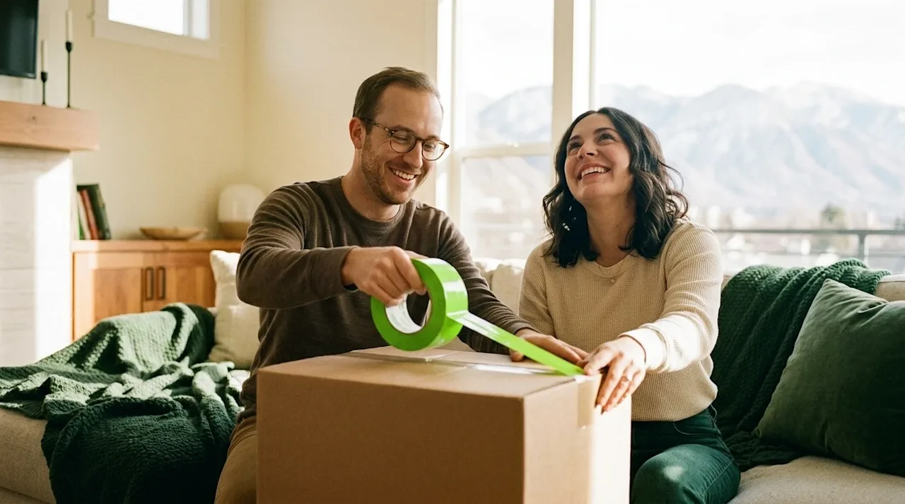 Candid lifestyle photography of a smiling couple happily packing their home, standing behind a natural brown cardboard moving
