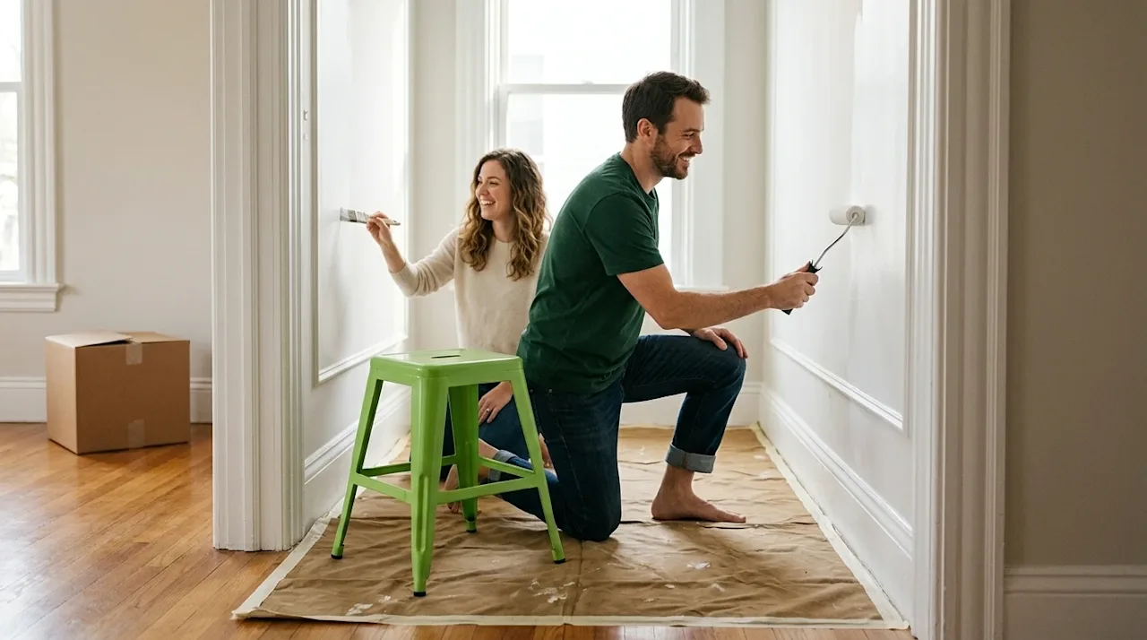 Clear, professional lifestyle marketing photography of a happy couple doing easy home renovations in their new house. One per