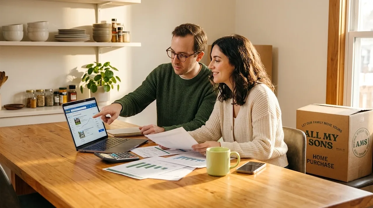 Professional marketing photography of a focused but hopeful young couple sitting at a warm wooden kitchen table, reviewing fi