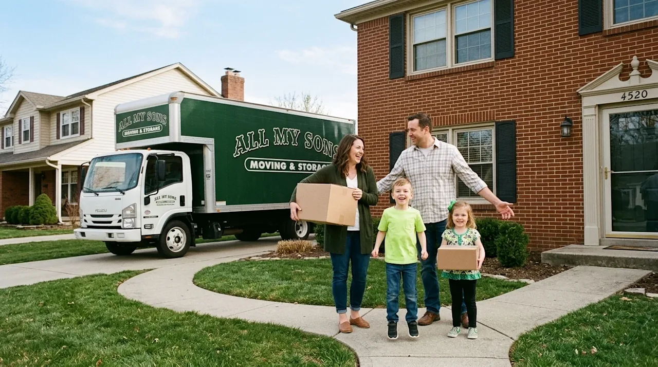 Candid lifestyle photography of a happy family with two young children arriving at their new suburban home in Indianapolis. T