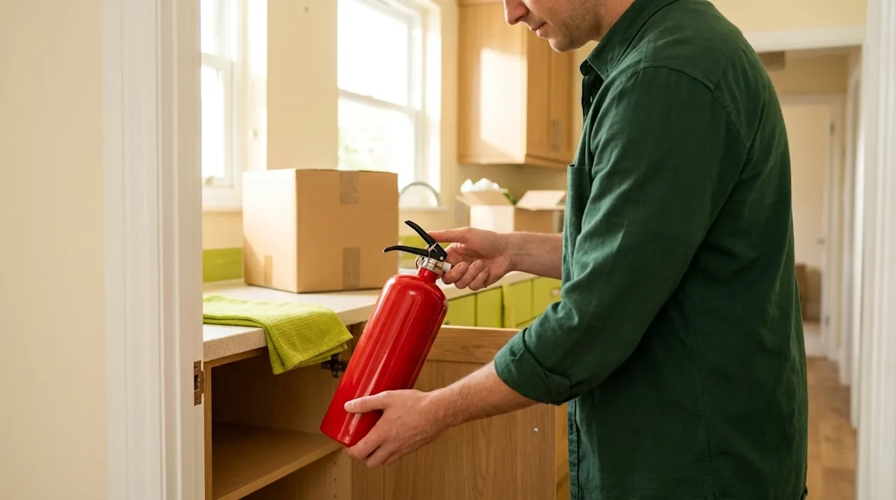 Professional marketing photography, a warm and inviting lifestyle shot of a homeowner in a newly moved-in modern kitchen. The