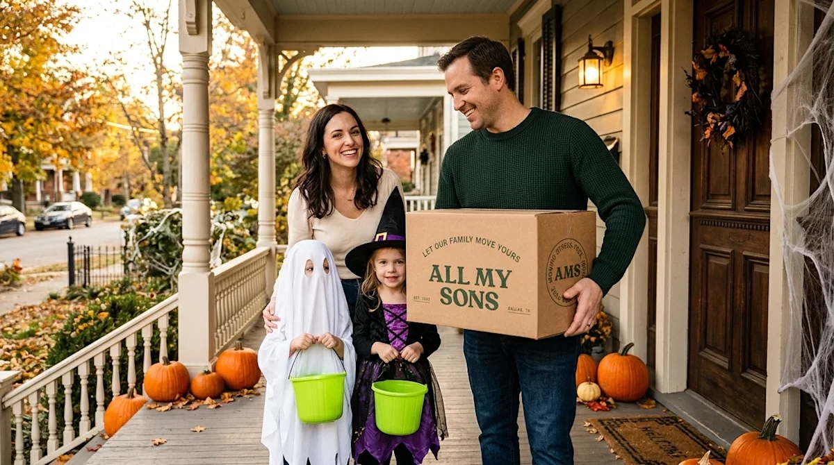Clear and professional marketing photography of a happy family standing on the front porch of a charming historic Knoxville h