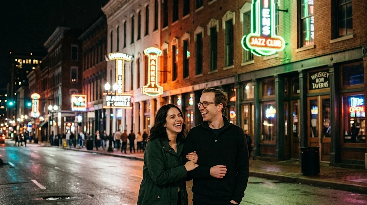 Professional lifestyle photography shot on 35mm film, candid and authentic, capturing the vibrant nightlife of downtown Louis