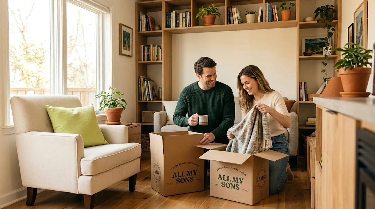 Clear and professional marketing photography of a happy couple unpacking in the bright living room of a cozy, beautiful small