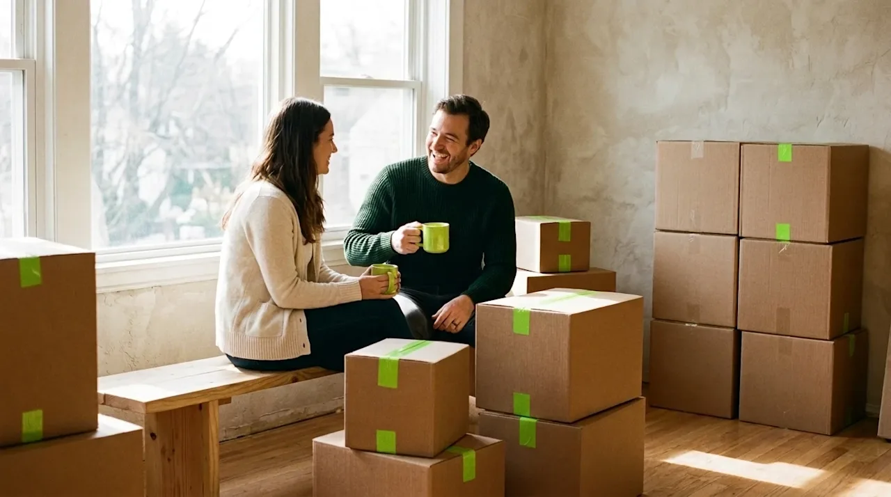 Candid lifestyle photography of a relaxed, smiling couple taking a stress-free coffee break in their new home, surrounded by