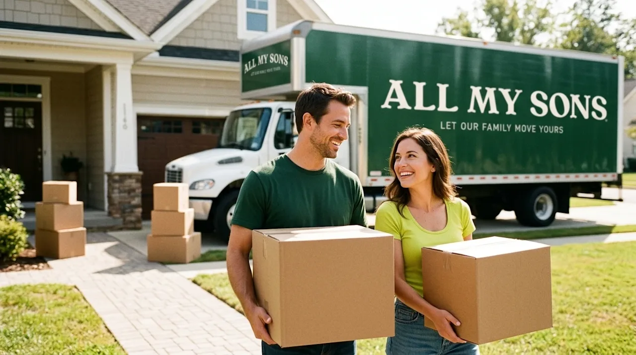 A candid, documentary-style lifestyle photograph of a smiling couple carrying kraft brown cardboard moving boxes down the fro