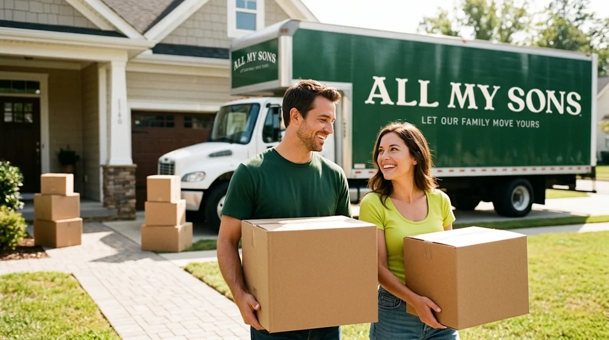A candid, documentary-style lifestyle photograph of a smiling couple carrying kraft brown cardboard moving boxes down the fro