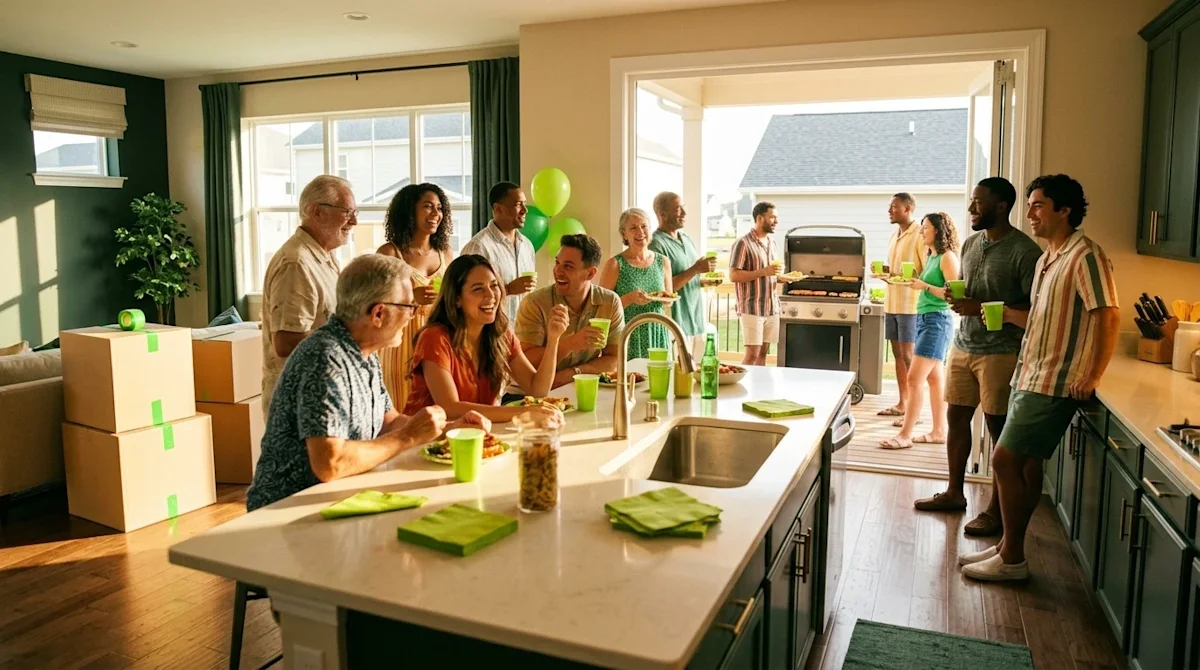 Candid lifestyle photography of a joyful Labor Day housewarming party in a beautiful new home. A happy group of diverse frien