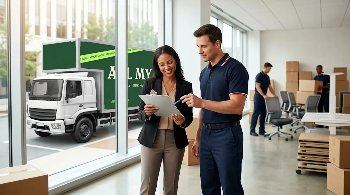 Professional photography of an efficient business office relocation in progress. A cheerful office manager stands in a modern