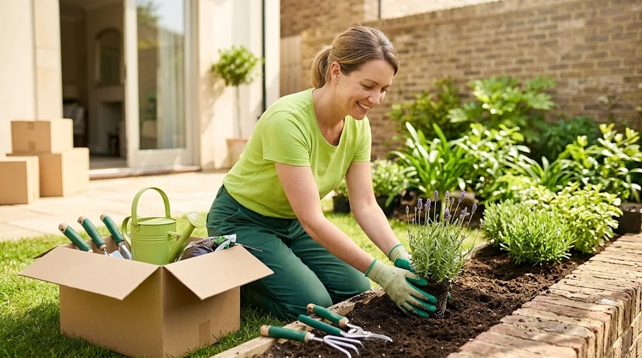Clear and professional marketing lifestyle photography of a cheerful homeowner tending to a beautiful backyard garden after a