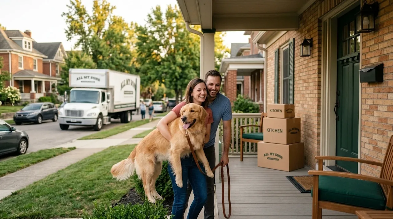 A photorealistic, high-quality photograph of a cheerful couple arriving at their new home in Columbus, Ohio, accompanied by t