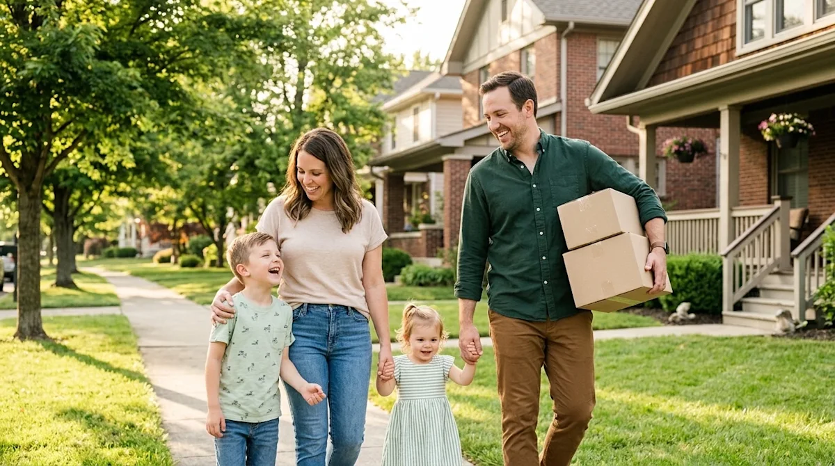 Candid, high-quality lifestyle photography of a joyful family with two young children walking together on the sidewalk of a p