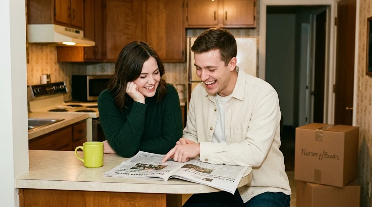 Candid 35mm film photography of a young couple sitting in a warmly lit, slightly retro-styled kitchen, smiling and laughing a