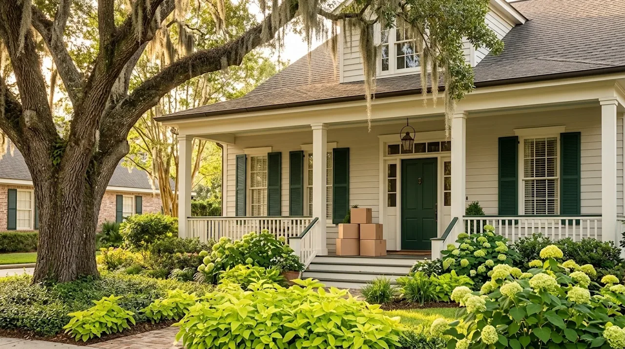 Editorial lifestyle photograph of a beautiful, welcoming residential street in Baton Rouge, featuring a charming Southern-sty
