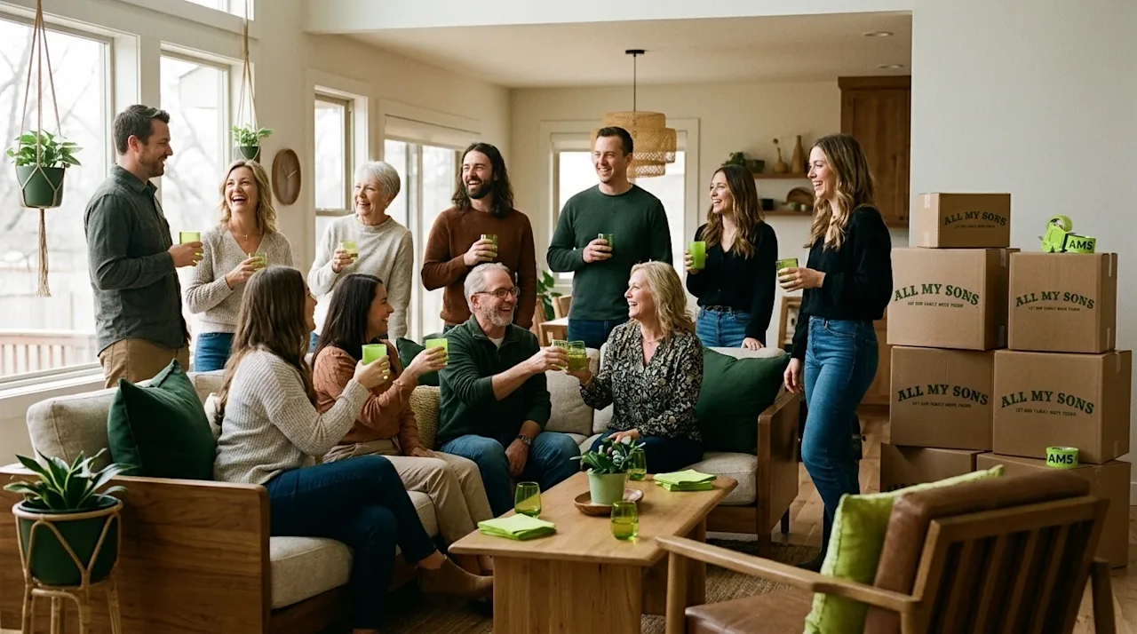 Candid lifestyle photography of a joyful housewarming party in a cozy, welcoming Tulsa home. A group of happy friends and fam
