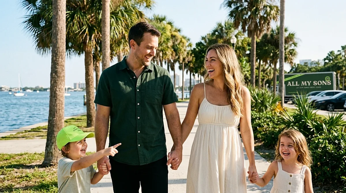 Candid lifestyle photography of a happy family with two young children walking together and laughing along a sunny, palm-tree