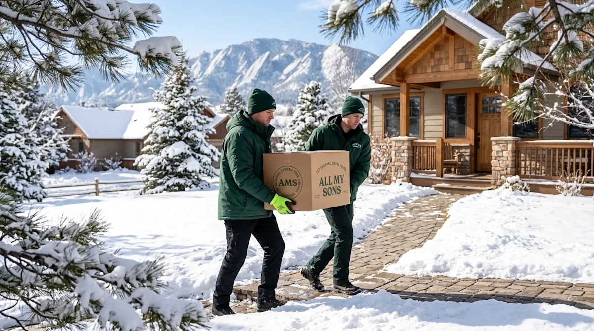 Professional marketing photography of two professional movers navigating a snowy environment, carrying a sturdy kraft brown c