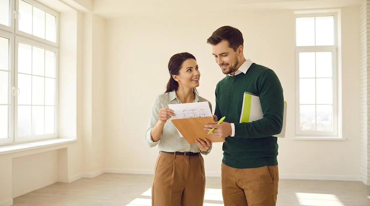 Couple reviewing home inspection blueprints in a sun-drenched empty room before buying a home.