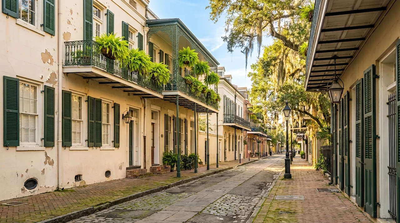 Historic French Quarter street in New Orleans with iron balconies and lush hanging ferns.