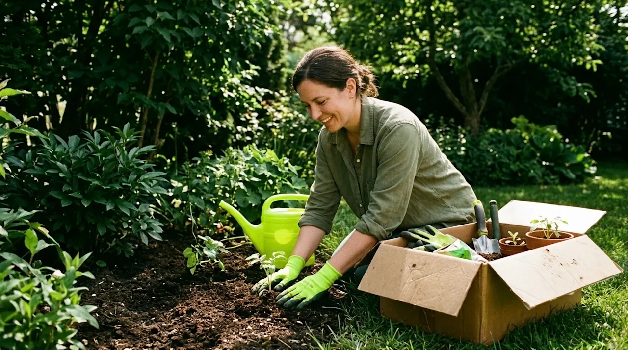Candid, warm lifestyle photography of a homeowner planting a new garden in the sunny yard of a suburban home. The visual styl