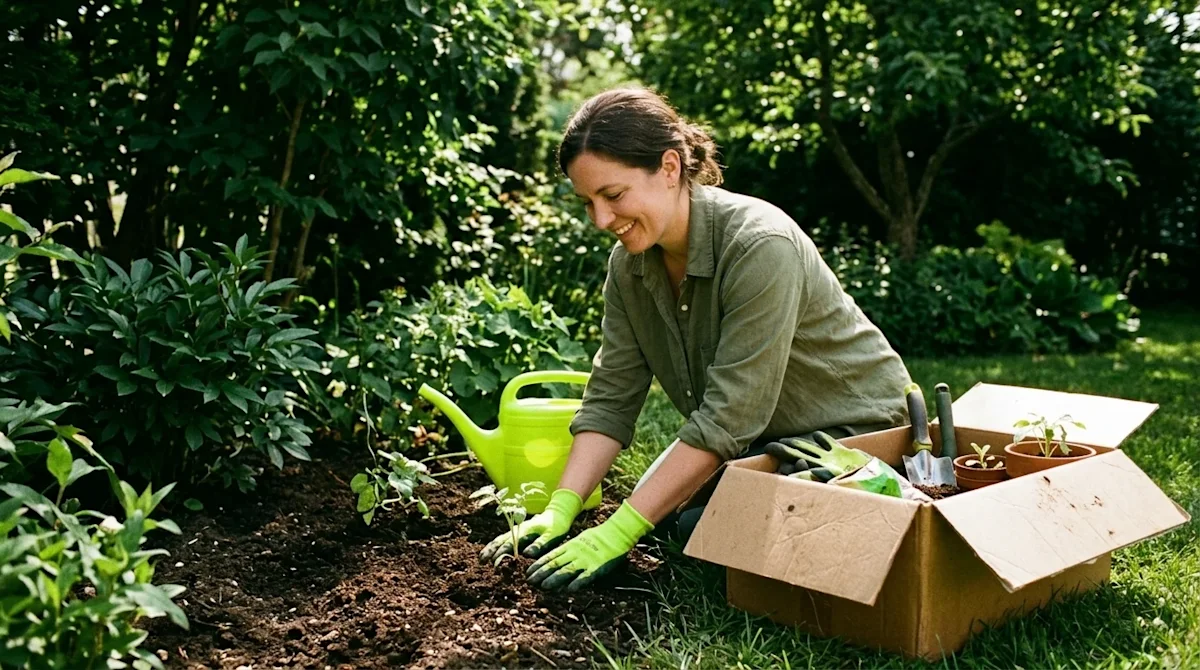 Candid, warm lifestyle photography of a homeowner planting a new garden in the sunny yard of a suburban home. The visual styl