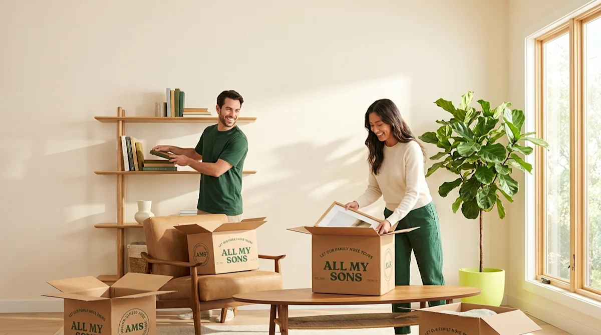 A man and woman pack items into All My Sons moving boxes in a bright living room with shelves, a plant, and natural light from large windows.