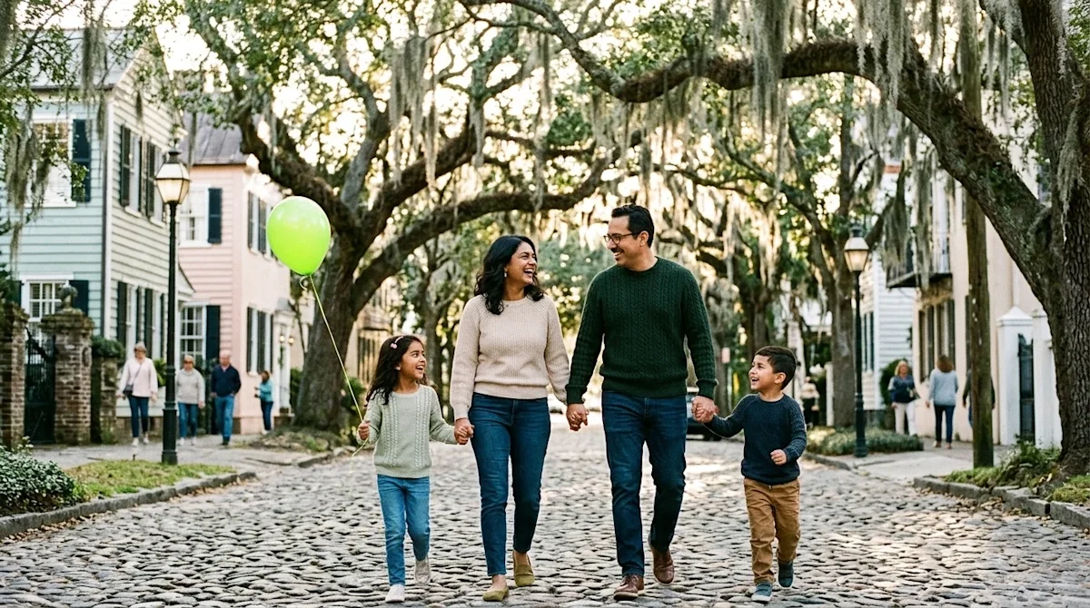 Candid lifestyle 35mm film photography of a joyful family having a fun afternoon exploring a historic cobblestone street in C