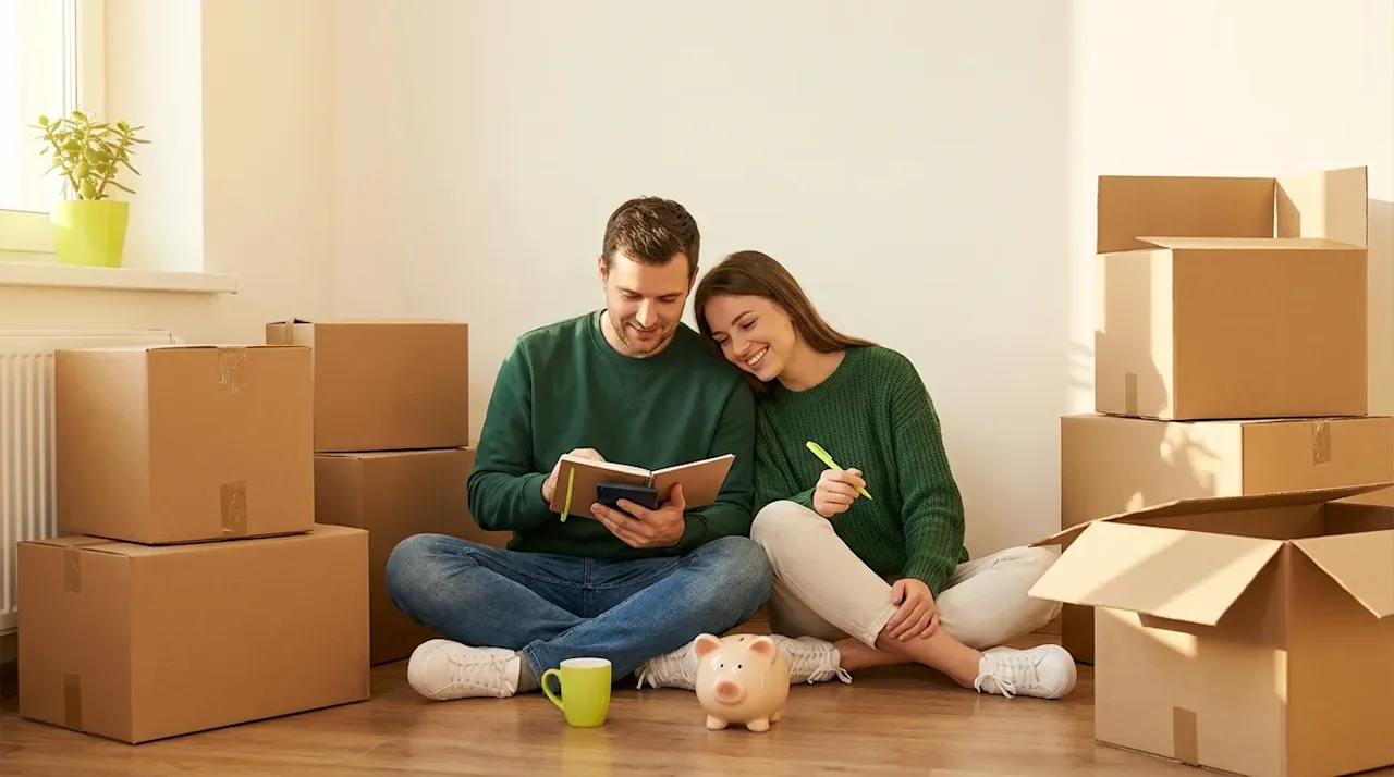 Couple sitting among moving boxes in a sunlit room reviewing budget with a piggy bank for financial relief.