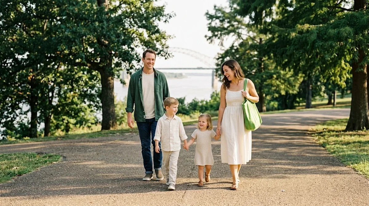 Professional marketing photography of a happy family enjoying a sunny day trip in Memphis, walking together along a scenic pa
