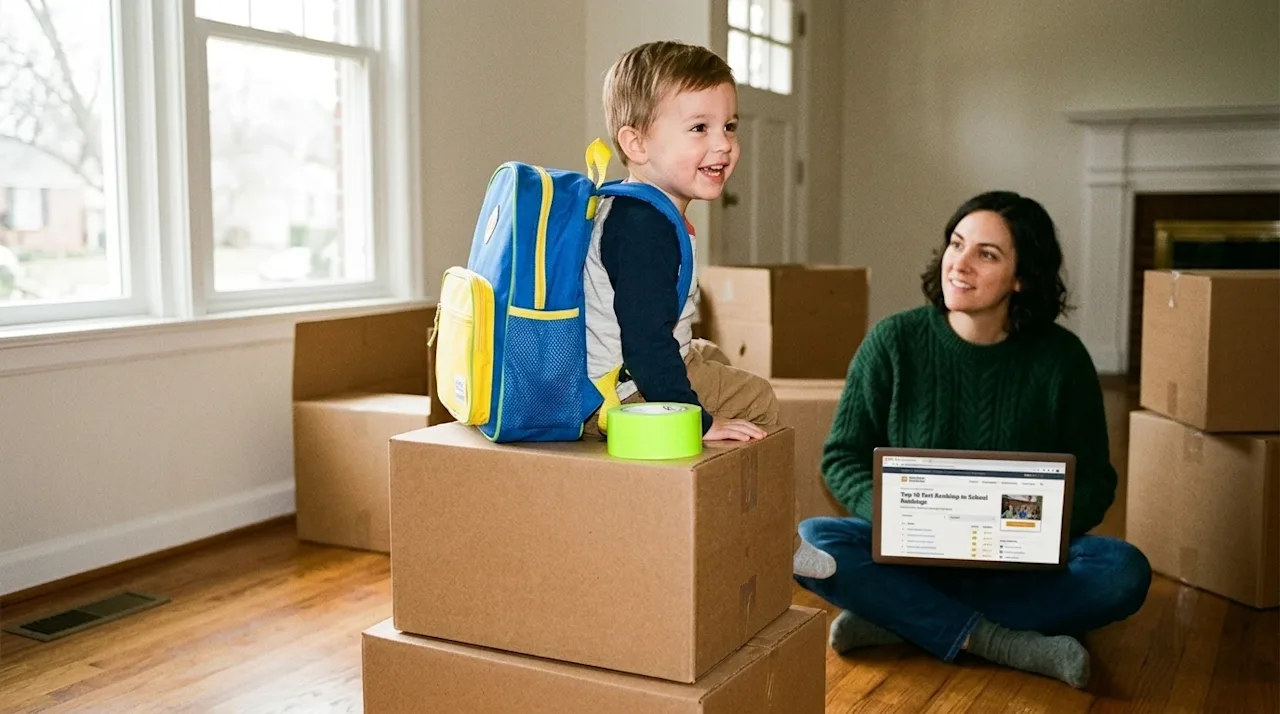 Candid 35mm film photography of a young child wearing a vibrant school backpack sitting on a stack of kraft brown moving boxe