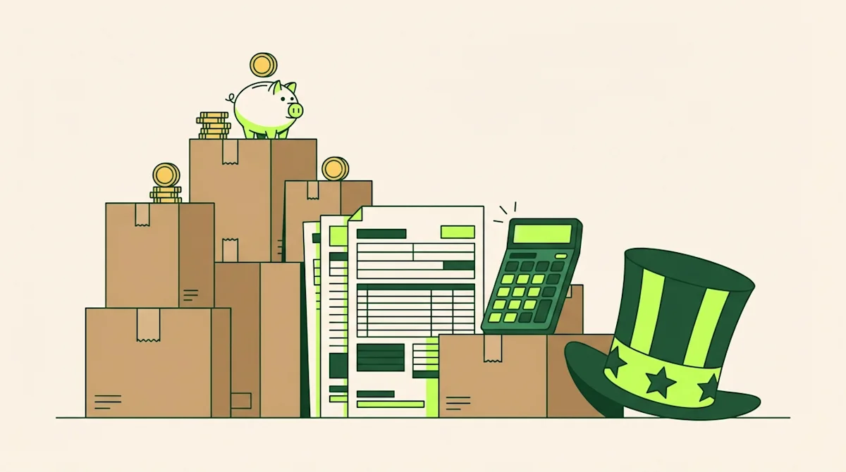 Illustration of moving boxes, tax forms, and an Uncle Sam hat representing tax deductions and moving savings.