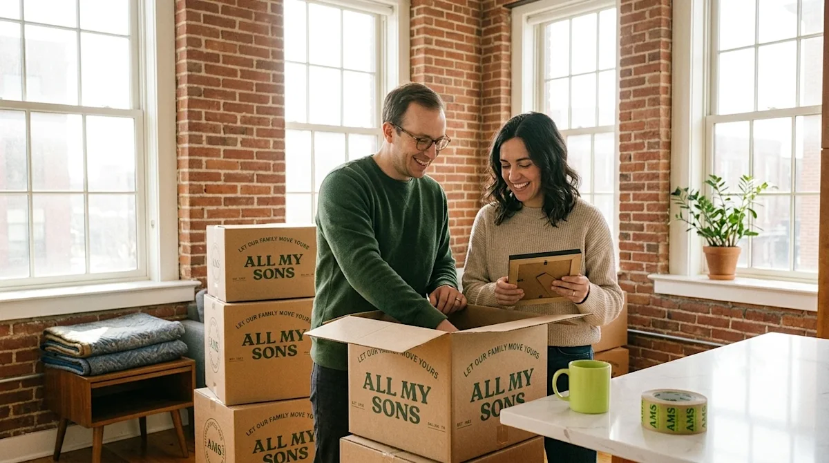 Candid, warm lifestyle photography of a happy couple settling into a bright, airy Baltimore condo on moving day. The interior