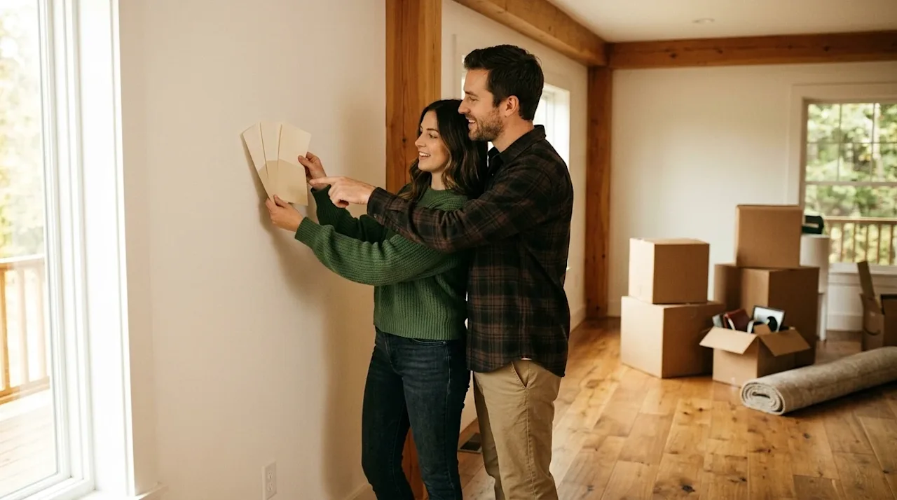 A candid, lifestyle photograph of a couple in the living room of their newly purchased home, happily selecting paint colors.
