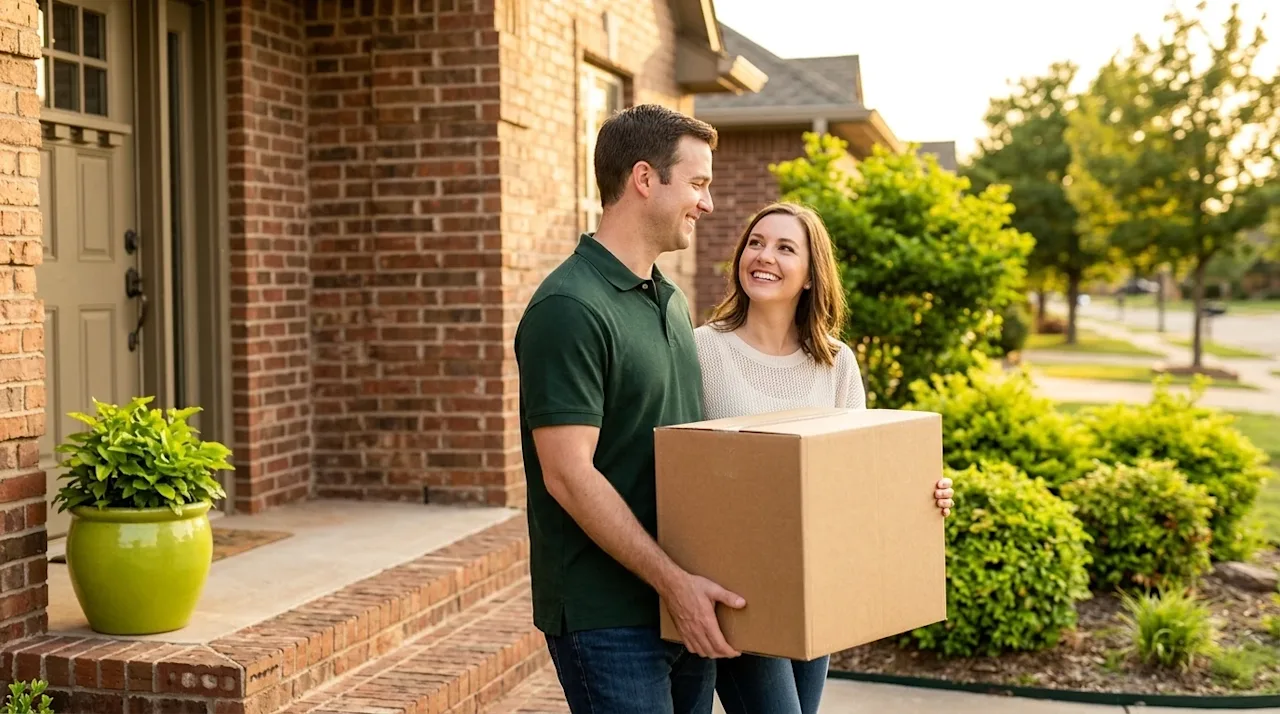 Professional marketing photography of a happy couple carrying a neat cardboard moving box towards the front door of a welcomi