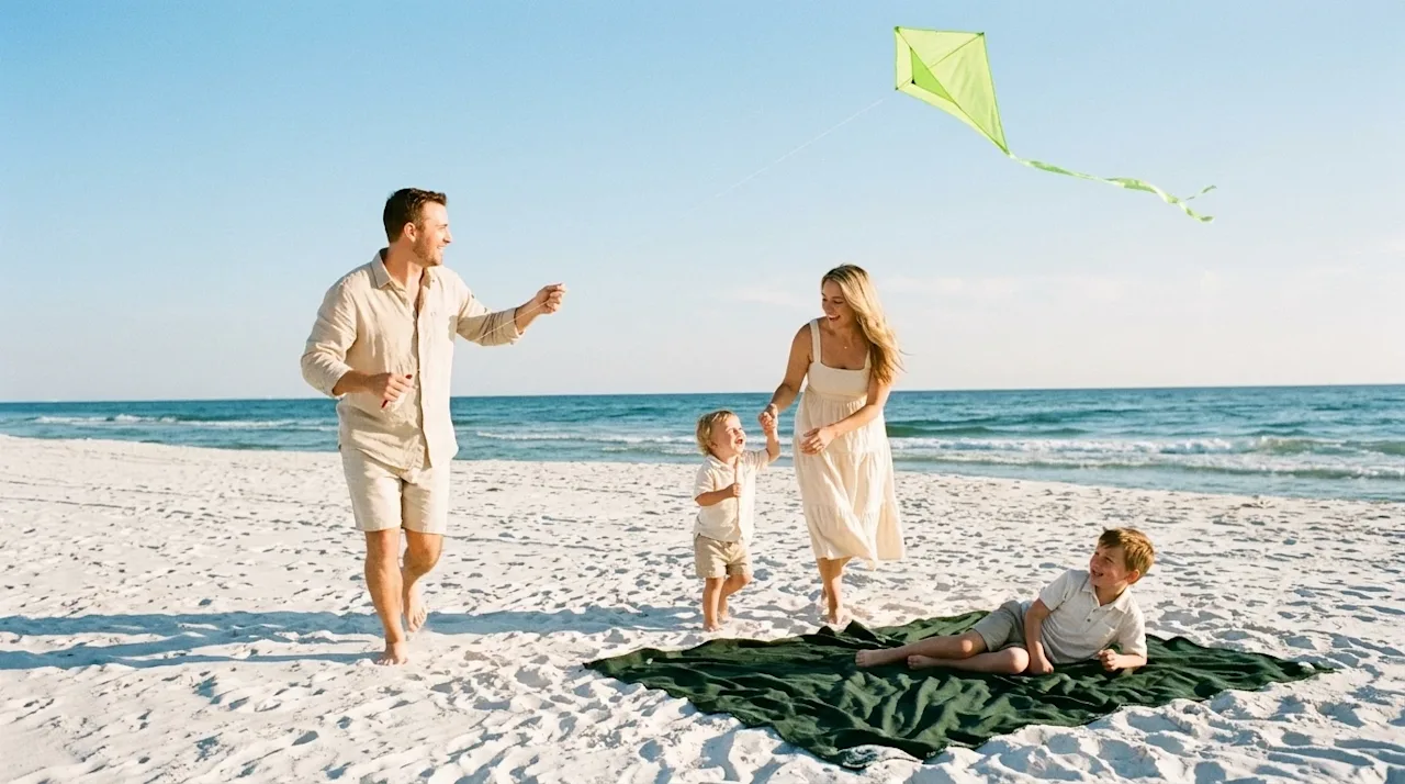 Candid 35mm film photography of a happy family enjoying a sunny, stress-free afternoon at the white sand beaches of Pensacola