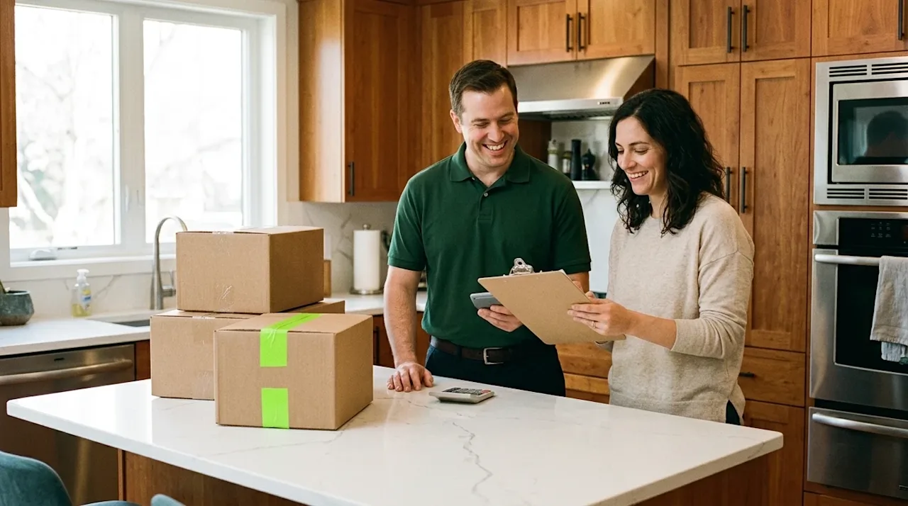 Candid, warm lifestyle photography of a friendly professional mover and a relaxed homeowner discussing moving details at a ki