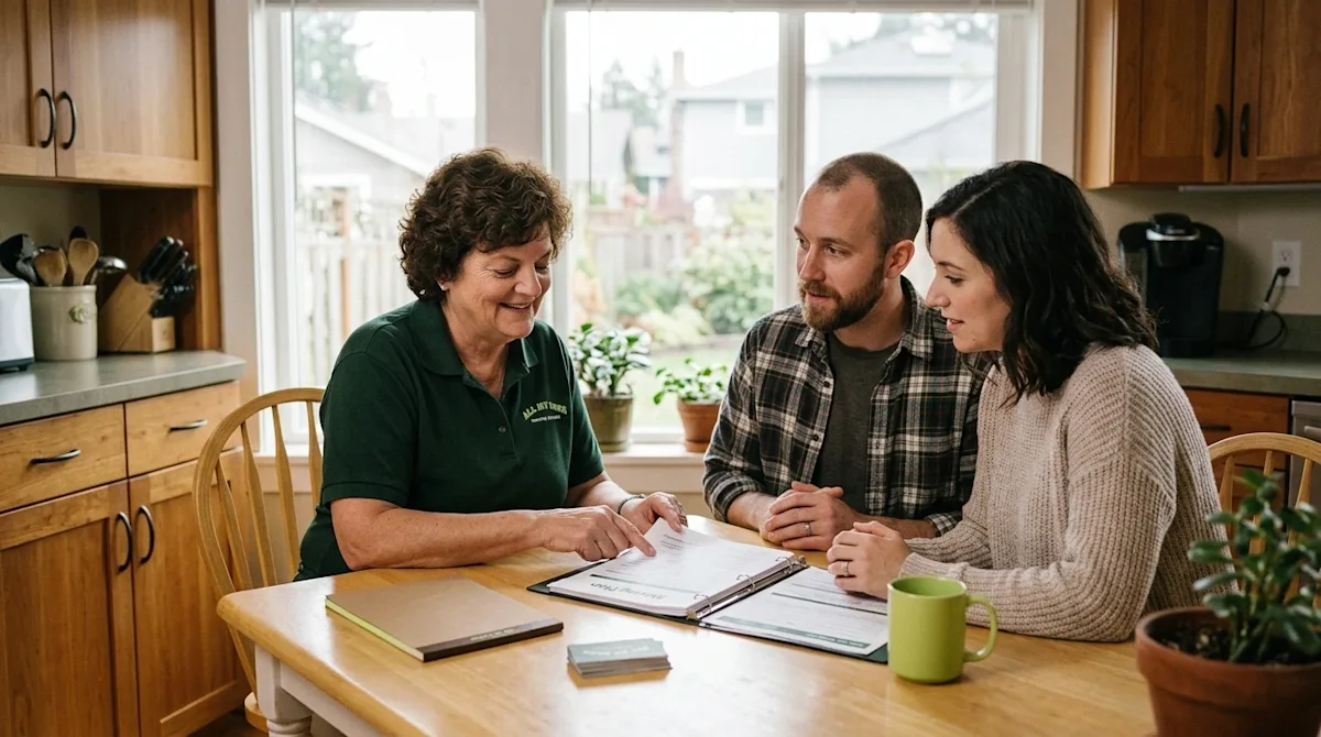 Professional marketing lifestyle photography of a compassionate moving consultant wearing a dark forest green polo shirt, sit