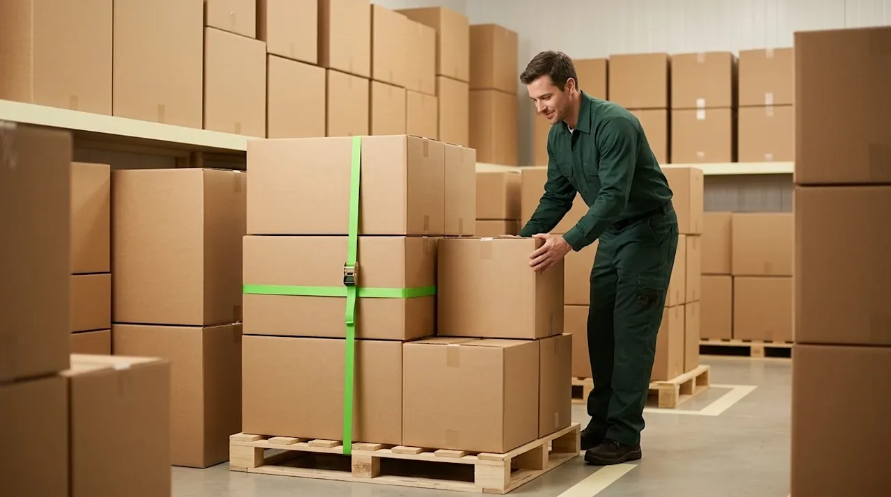 Professional marketing photography of a clean, well-lit, climate-controlled indoor storage facility. Neatly organized stacks