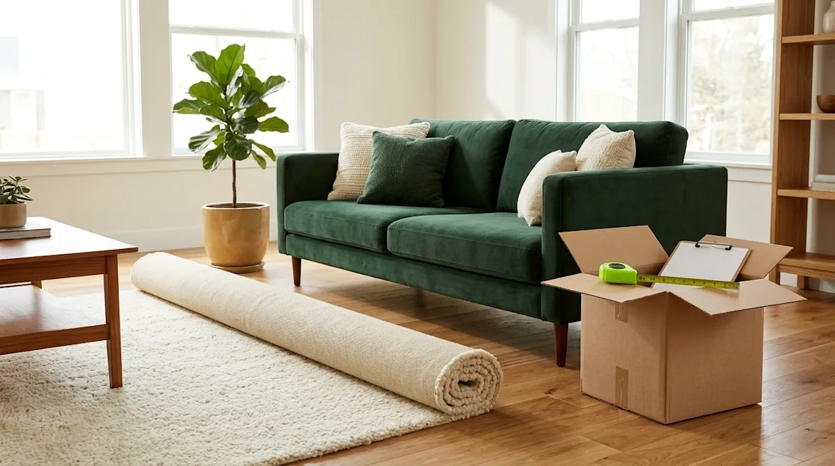 Professional marketing photography of a bright, welcoming living room in the process of being carefully designed and set up a