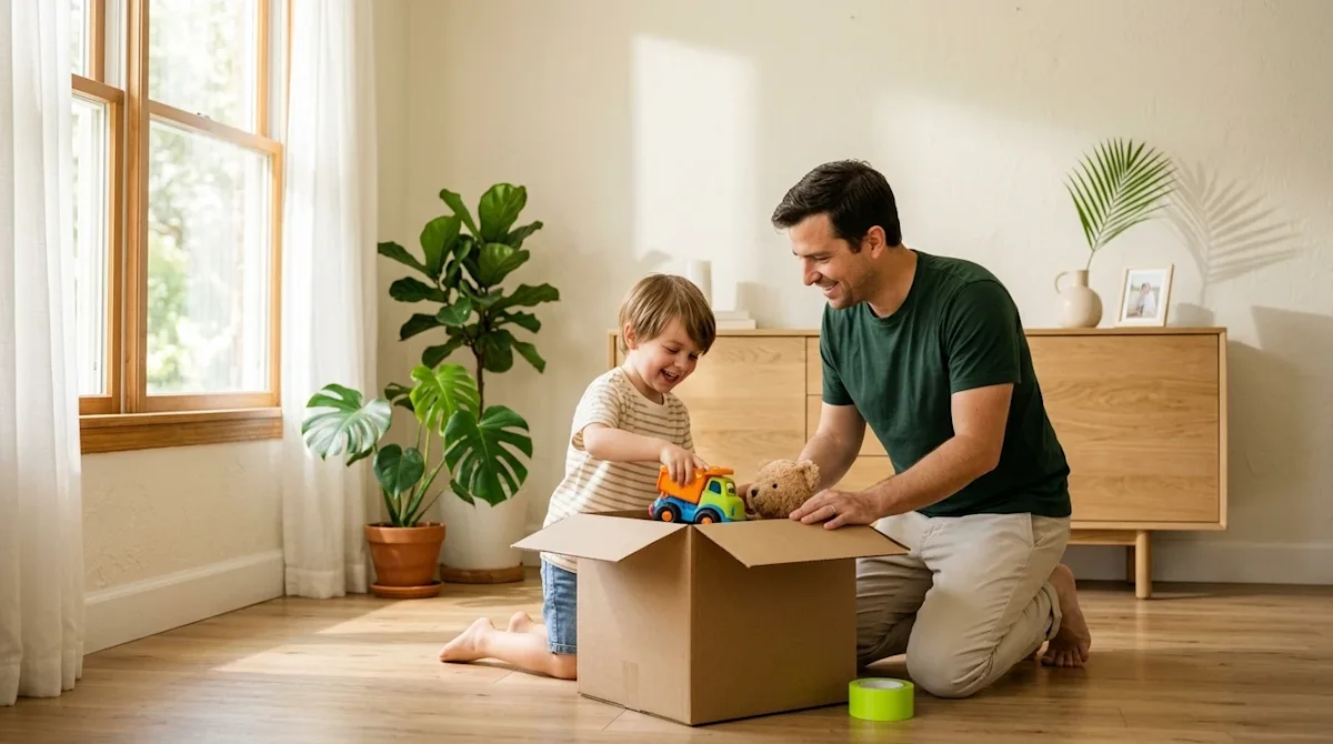 Professional lifestyle marketing photography of a smiling parent and a young child packing together in a bright, sunlit room,