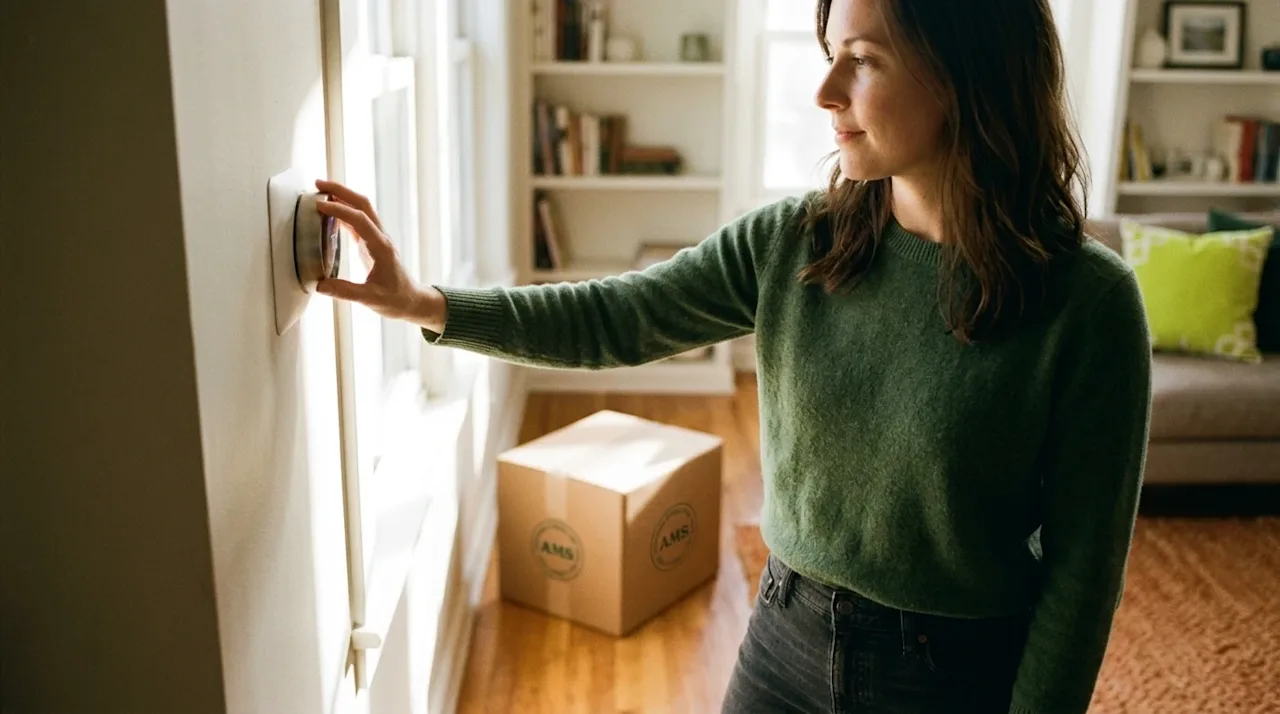Candid, authentic 35mm film lifestyle photography of a person adjusting a modern smart thermostat on the wall of a cozy, brig