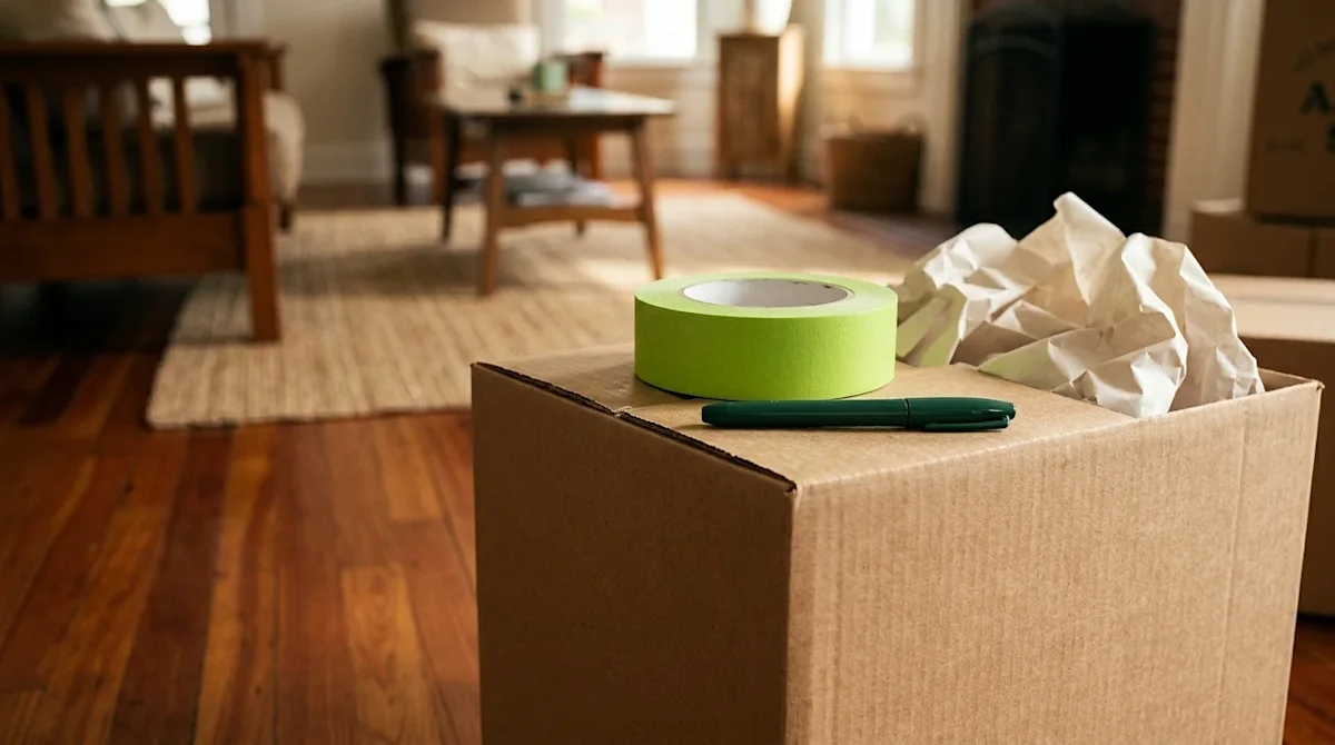 Professional marketing photography of premium moving supplies in a warmly lit, inviting home interior with hardwood floors. A