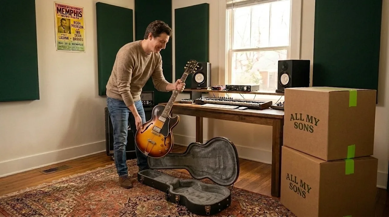 Professional marketing photography of a cozy, inspiring home music studio in Memphis being carefully unpacked. A smiling musi