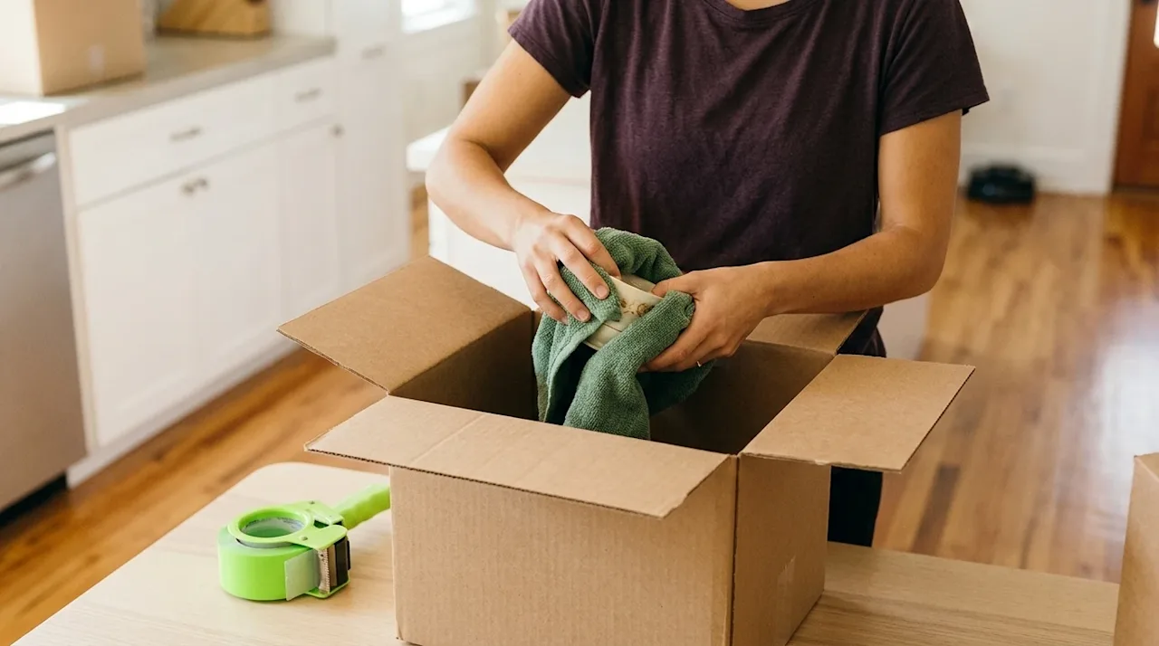 Clear, professional marketing photography of a person demonstrating a clever packing hack in a bright, cozy home interior. Th