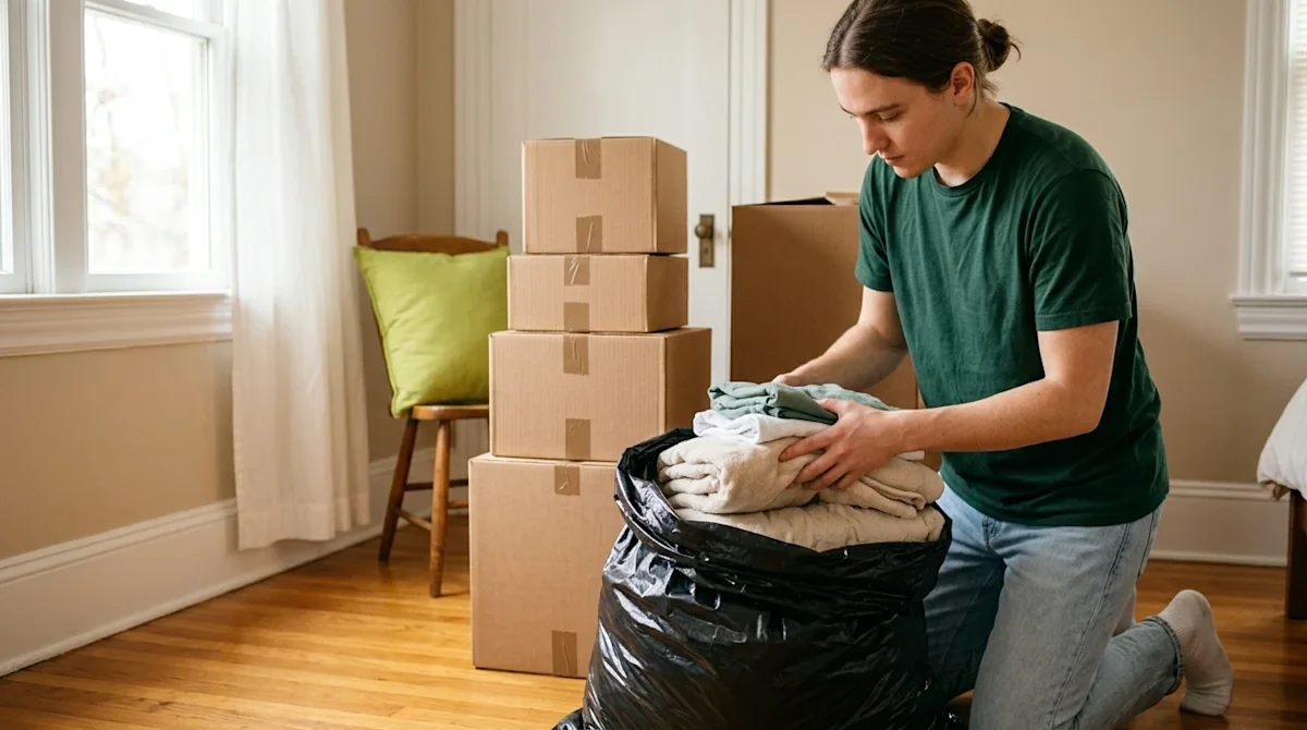 A candid, high-quality lifestyle photograph of a person packing for a residential move. They are in a sunlit bedroom with har